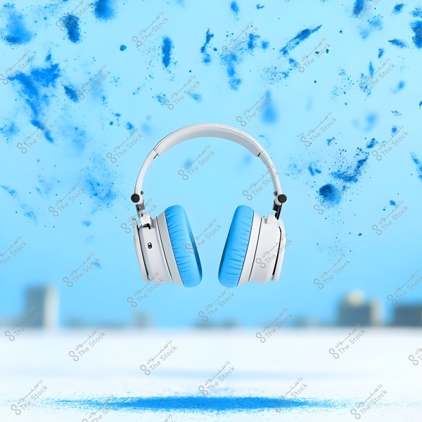 White headphones against a light blue background with splashes of blue color. The headphones have blue ear cushions and black accents, appearing to float in the air surrounded by blue mist. The background is blurred with some distant buildings.