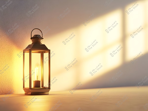 A lit metal lantern placed on a flat surface next to a wall. The lantern emits a warm glow, with the shadow of a square window visible on the wall in the background.