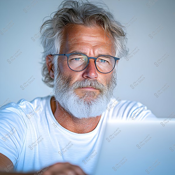 صورة لرجل مسن بلحية وشعر رمادي يرتدي نظارات دائرية وقميصًا أبيض بسيط. يظهر الرجل وهو جالس وينظر إلى الكاميرا بتركيز. خلفية الصورة محايدة بلون أزرق فاتح, مما يبرز ملامح الوجه بشكل أوضح.