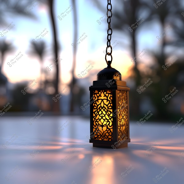 A metal lantern hanging by a chain, featuring intricate decorative carvings, glowing with warm light. The lantern rests on a reflective surface with rays of light emanating from it. In the background, palm trees are clearly visible against a stunning sunset, with colors transitioning from light blue to orange.
