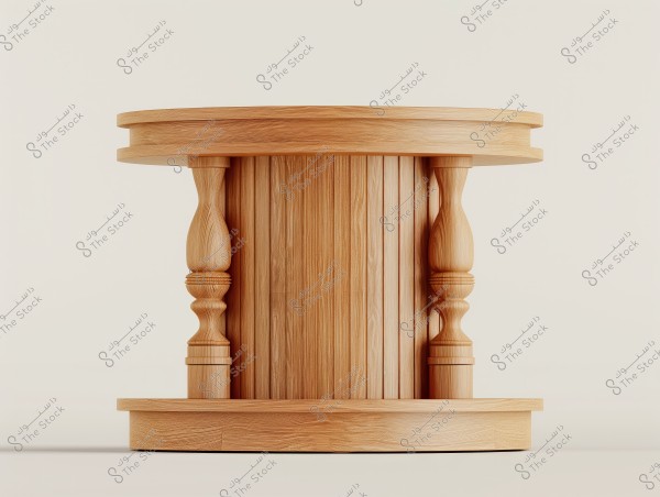 Image of a wooden stand made of light-colored wood, featuring a distinctive design with decorative curved columns. The top and bottom surfaces are round and smooth, with a vertically paneled wooden board in the background adding contrast to the design. The natural wood color highlights the grain pattern details.