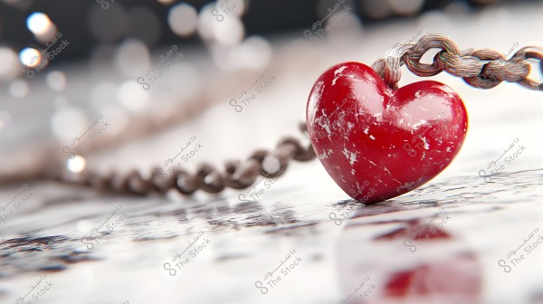 Image of a red metallic heart attached to a metal chain, placed on a reflective surface. The heart shows some scratches and the background is blurred with sparkling light spots.