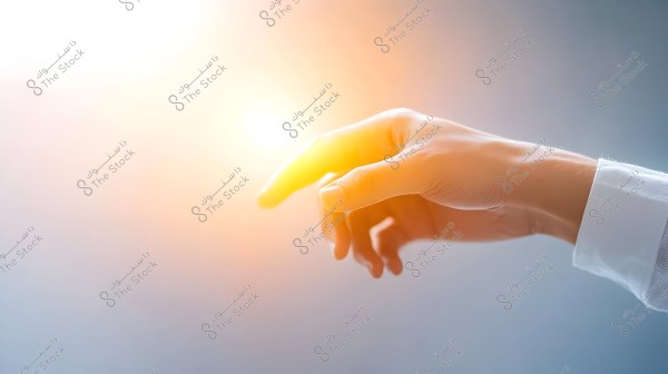 A hand pointing towards a bright light in the background, with fingers prominently visible and wearing a white shirt. The bright light adds a warm effect to the image.