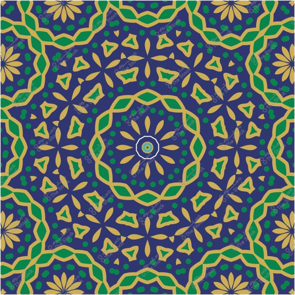 نمط هندسي بألوان زاهية يتكون من أشكال متكررة باللون الأزرق والأخضر والذهبي.