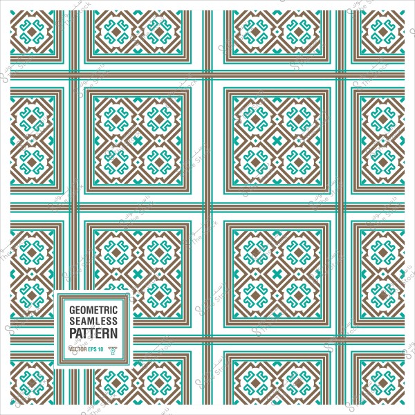 Repeated geometric pattern with brown and blue colors featuring an ornate design inside squares.