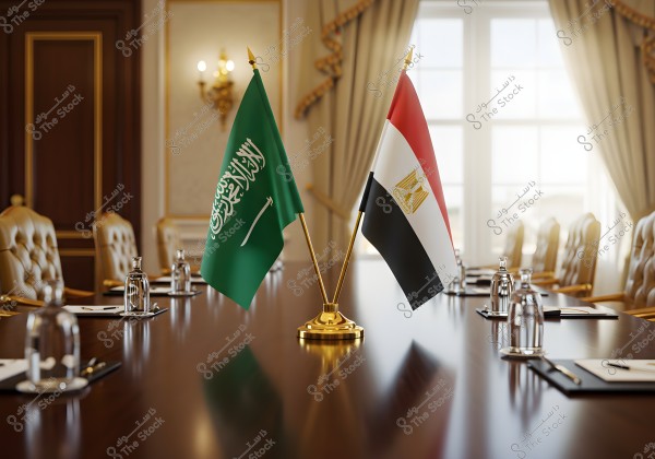 The image shows a formal meeting room with a large table in the center of which are the flags of Saudi Arabia and Egypt. The Saudi flag is green, and the Egyptian flag features red, white, and black stripes with a golden eagle. Elegant chairs are arranged around the table, and windows in the background let in natural light. Water bottles and papers are neatly placed on the table.