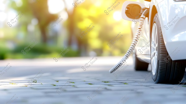 An image of a white car parked on the pavement with a charging cable connected to its charging port. Trees and greenery are visible in the background with sunlight filtering through the leaves, creating a bright and natural ambiance.