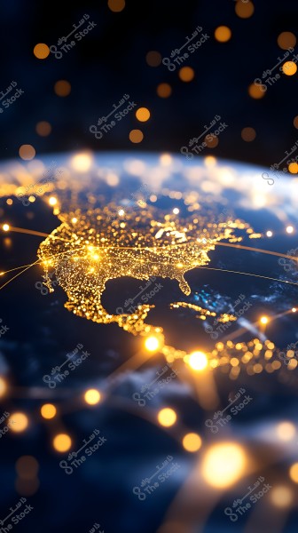 A night image depicting a part of the globe focusing on the North American continent, with sparkling lights in the form of bright dots representing illuminated cities and urban centers. The scene is surrounded by blurred and foggy lights with small bright circular shapes, adding a sense of movement and connectivity.