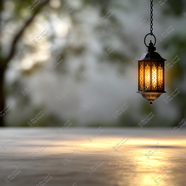 A hanging metal lantern glowing with a warm light in an outdoor setting. The background is blurred with trees, creating a tranquil and contemplative atmosphere. A flat surface is visible at the bottom with light reflecting on it.