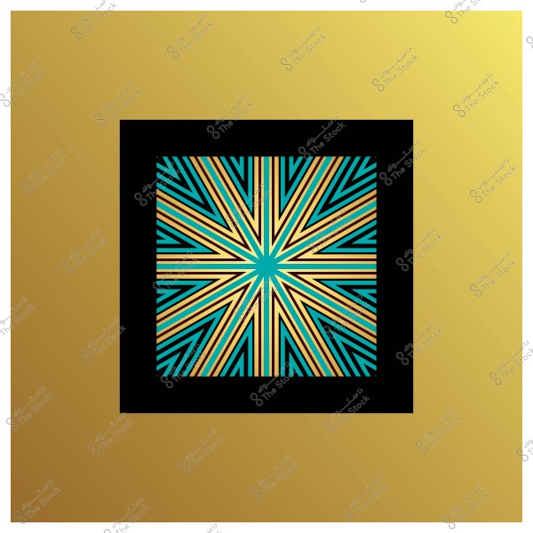 تصميم هندسي بنمط نجمي ملون باللونين الأزرق والذهبي داخل مربع أسود وسط خلفية ذهبية.