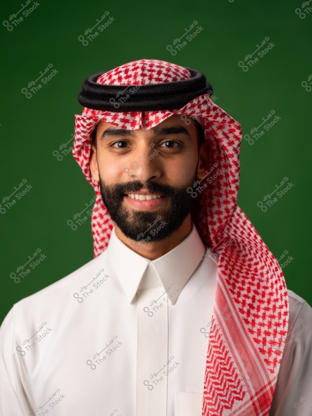A man wearing a white thobe and a red ghutra with an agal, against a green background.
