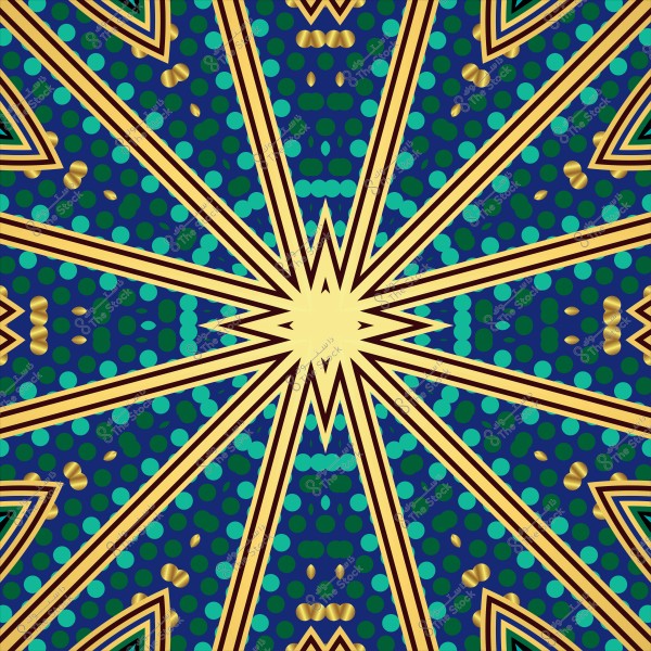 تصميم هندسي ملون على شكل نجمة مع أنماط دائرية وخطوط ذهبية.