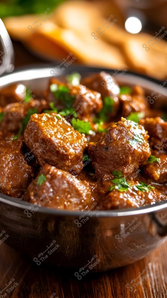 An image of a dish featuring tender meat cooked in a rich sauce and garnished with fresh cilantro leaves. The meat looks succulent and flavorful, suggesting a traditional, hearty meal. The metallic bowl reflects a warm, cozy lighting. The background is blurred, hinting at a comfortable dining setting.