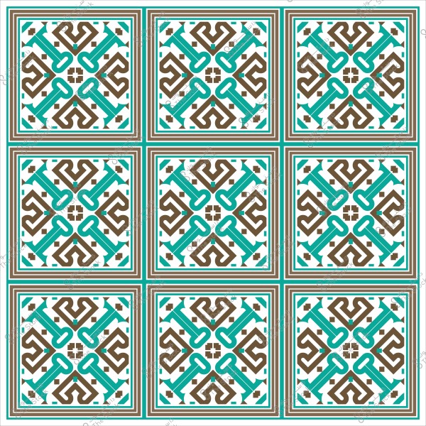 Decorative tile design with repeating geometric patterns in brown and turquoise green.