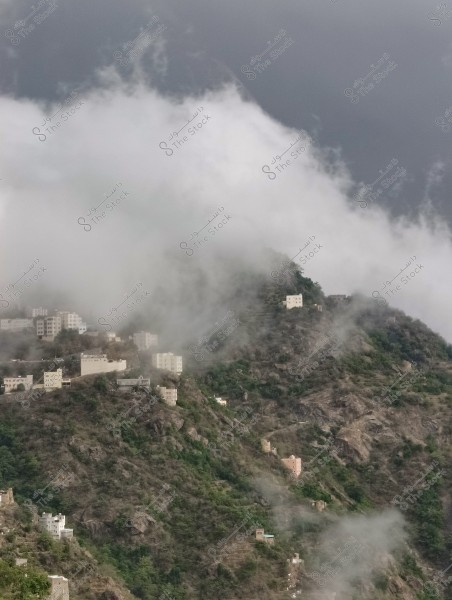 The image shows a natural landscape of a mountain covered in trees and buildings enveloped in fog. Several traditional residential buildings are scattered across the hillside, and the thick fog adds a touch of mystery to the scene. The sky is overcast with clouds, suggesting the possibility of rain.