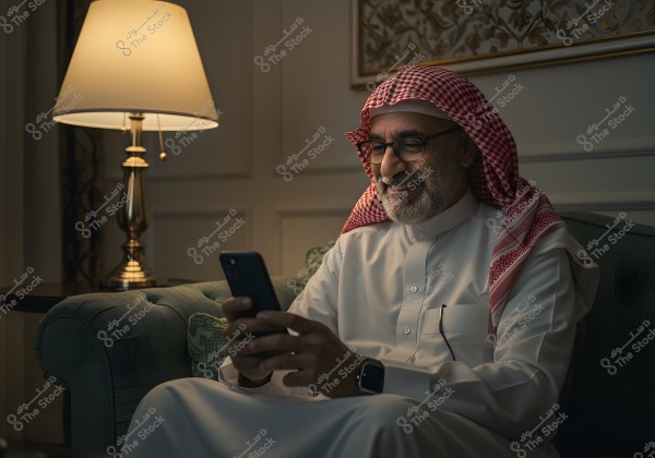 A portrait of a man sitting on a sofa wearing a thobe, ghutra, and agal, holding a mobile phone and smiling at it. There is a lit lamp on a side table behind him, and the wall is adorned with a decorative art piece. The warm lighting creates a cozy atmosphere.