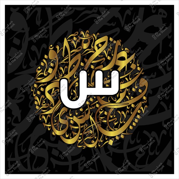 An artistic design featuring Arabic calligraphy with the letter \"S\" in white at the center of a circular pattern of golden lettering, set against a black background with intricate calligraphic motifs. The design highlights the precision and beauty of Arabic script.