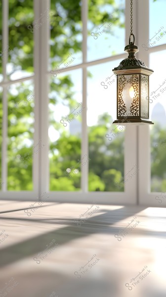 A hanging lantern suspended from the ceiling in front of a large window overlooking a lush green tree landscape. Light streams in through the window, casting long shadows on the floor.