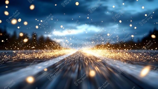 A surreal scene of a highway illuminated by shimmering golden lights scattered in the air, creating a dynamic effect of rapid motion. The sky is partially cloudy in a deep blue color in the background.