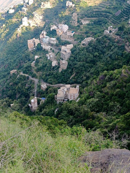Aerial view of a lush mountainous area showing a cluster of buildings scattered along the mountain slopes. The multi-story houses are randomly distributed among the verdant greenery and narrow roads. Terraced farming can be seen in the background, indicating agricultural activity in the area.