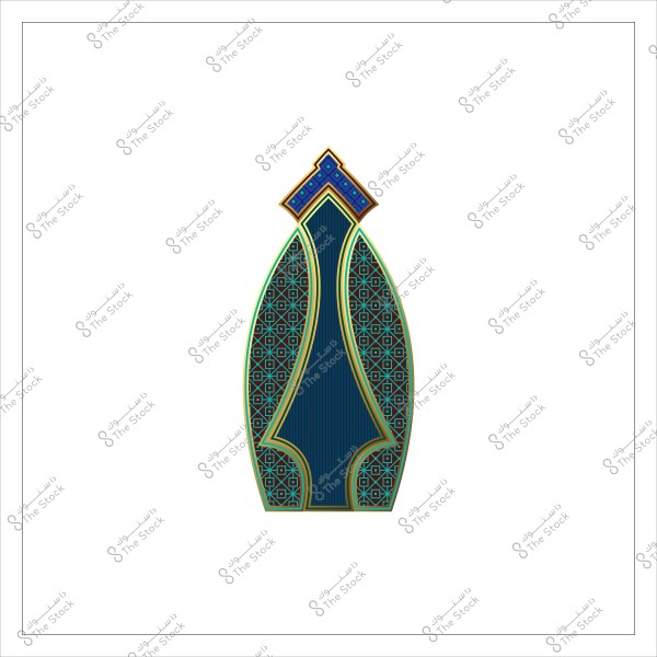 Islamic ornamental design with an arch shape, decorated with geometric patterns in blue and gold colors.