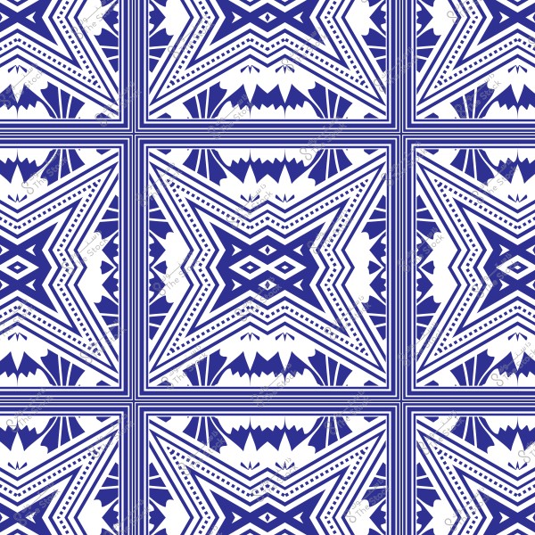 نمط هندسي متكرر يتضمن أشكالًا نجمية وزخارف تتقاطع بخطوط أفقية ورأسية, باللون الأزرق الداكن على خلفية بيضاء, مما يخلق تركيبة متناسقة وأنيقة.