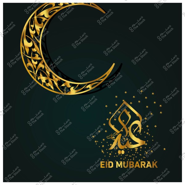 A design featuring an ornate gold crescent moon and the words \"Eid Mubarak\" in Arabic and English on a dark background.