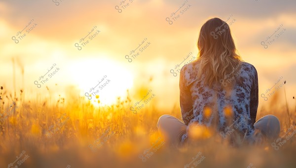 An image of a person sitting in a flower-filled field during sunset, facing away from the camera. The sky is filled with warm sunset hues, adding a sense of tranquility. The person is wearing a patterned shirt and appears calm, immersed in contemplation.