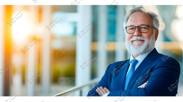 An image of an older man wearing glasses, a blue suit, and matching tie, standing with his arms crossed in a bright outdoor setting with warm sunlight in the background. He appears confident and relaxed.