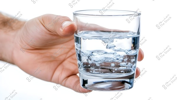 Image of a hand holding a glass cup filled with water, with air bubbles visible inside the water. The background is pure white, giving a sense of freshness and cleanliness.