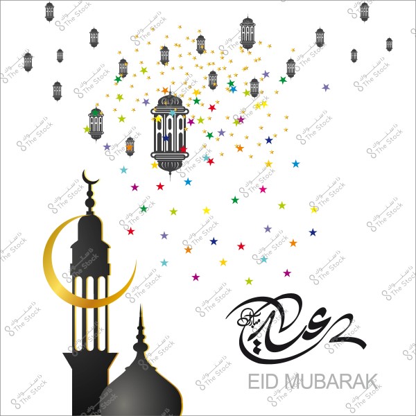 تصميم يظهر فانوساً رمضانياً مع هلال وأبراج ونجوم ملونة, وكلمة \"عيد مبارك\" مكتوبة.