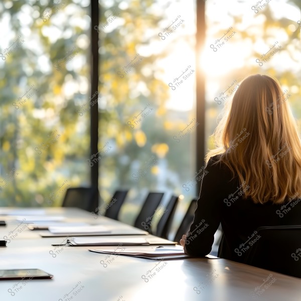 \"A woman sits in a modern conference room looking out the window. The room is furnished with chairs and a table covered with several files and tablets. Sunlight shines through the trees outside the large glass windows, creating a bright and luminous atmosphere.\"\r\n\r\n###