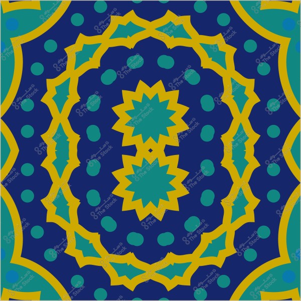 Geometric decorative pattern in blue and yellow with green details.