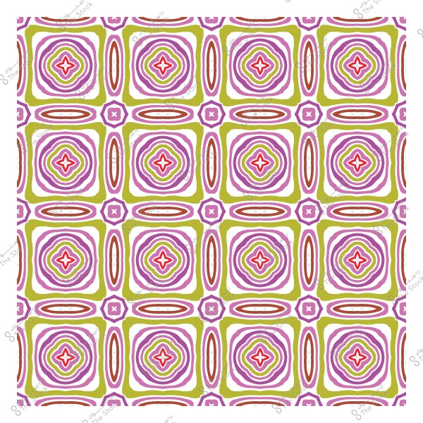 Symmetrical pattern of geometric shapes in purple, green, and white colors, forming repeating squares with circular details.