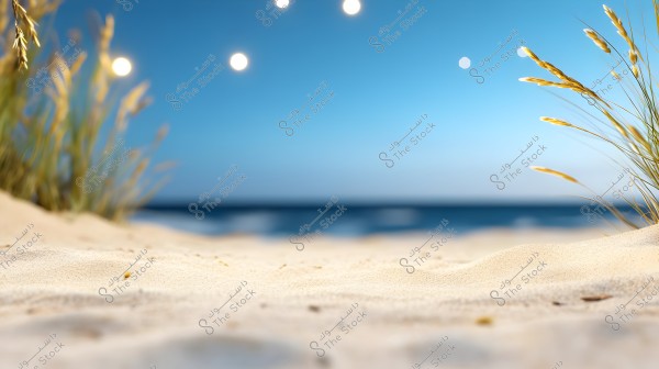 An image of a sandy beach during the day, featuring sand in the foreground and beach grass on the sides. In the background, the sea appears in shades of blue with a clear sky, and some faint lights are noticeable in the sky.