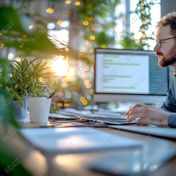 A photo of a bearded man wearing glasses sitting at a desktop computer, typing on a keyboard. The desk is surrounded by green plants and twinkling lights are visible in the background. Sunlight streams in through the window, adding a warm touch to the scene.