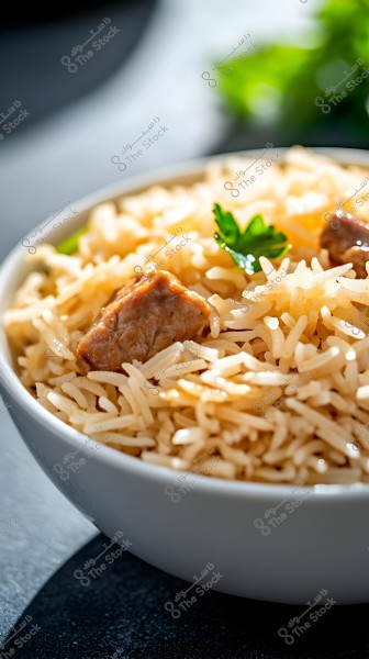 A dish of white rice served in a white bowl. The rice has pieces of meat and some green herbs as garnish. The image focuses on the details of the rice and meat with a blurred green background.