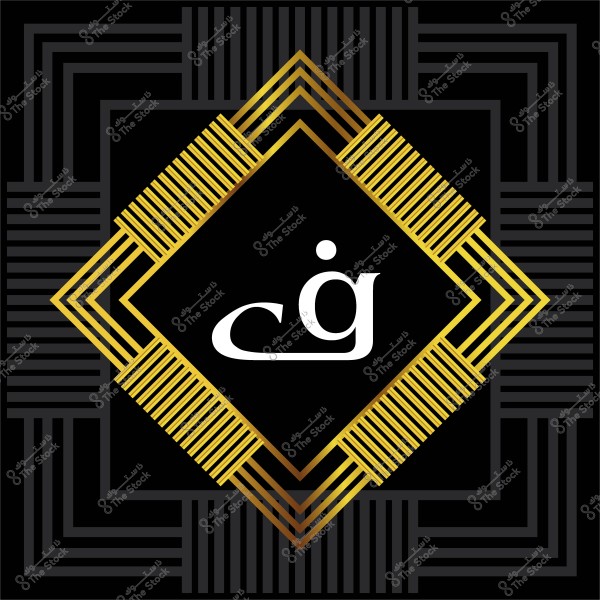 A geometric decorative design in black and gold featuring a diamond shape in the center. Within the diamond, there is Arabic lettering in white.