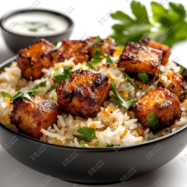An image of a delicious dish featuring grilled meat or chicken pieces on seasoned white rice garnished with fresh cilantro. In the background, there is a small bowl containing white sauce garnished with green leaves, alongside a sprig of cilantro.