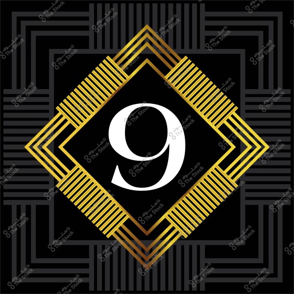 رقم تسعة باللون الأبيض داخل تصميم زخرفي ذهبي وأبيض على خلفية سوداء.