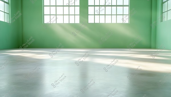 A spacious room with light green walls featuring large windows that allow strong natural light to stream in. The light filters through the windows onto the shiny white floor, creating gentle shadows throughout the space.