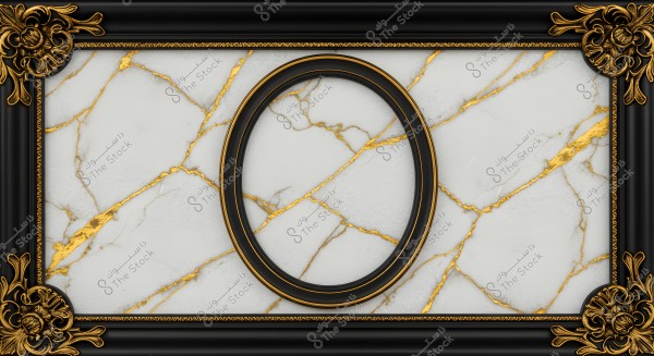 Ornate frame featuring black gilded edges with floral designs in the corners and both inner and outer parts of an oval engraving. The inner surface of the frame has a white marble design with gold veins.