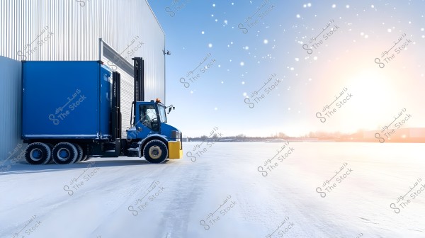 A large blue truck is loading or unloading a container at a large warehouse on a sunny and snowy day. Snow covers the ground and is drifting in the air under a clear blue sky. The sun is shining on the horizon, adding a sense of warmth to the cold scene.