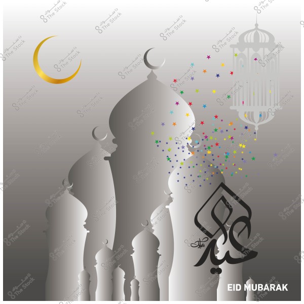 A design featuring a mosque silhouette with domes and a crescent moon on the left corner, lanterns, and Arabic calligraphy for Eid Mubarak greetings with colorful stars.