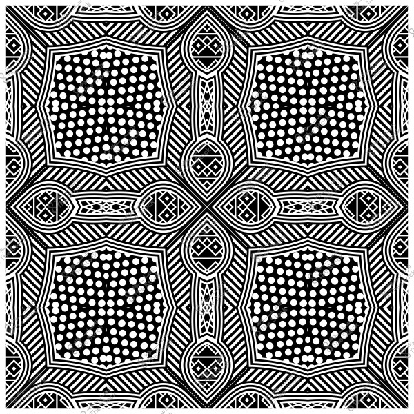 نمط أبيض وأسود بزخارف هندسية وخطوط متقاطعة ونقاط متكررة في تصميم متماثل.