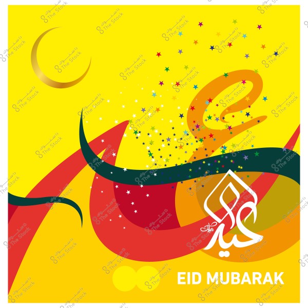 تصميم ملون لكلمة \"عيد مبارك\" باللغتين العربية والإنجليزية, مع هلال ونجمات على خلفية صفراء.