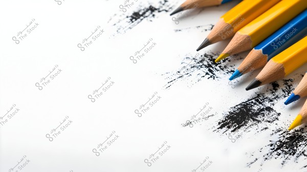 A set of colored pencils arranged on a white paper with scattered black marks. The pencils have pointed tips, some with blue and others with yellow casing.
