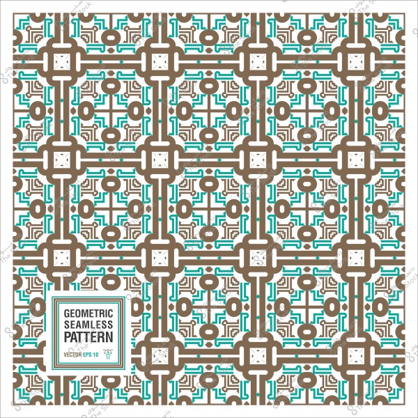Geometric seamless pattern featuring lines and square and circular shapes in brown and blue colors.