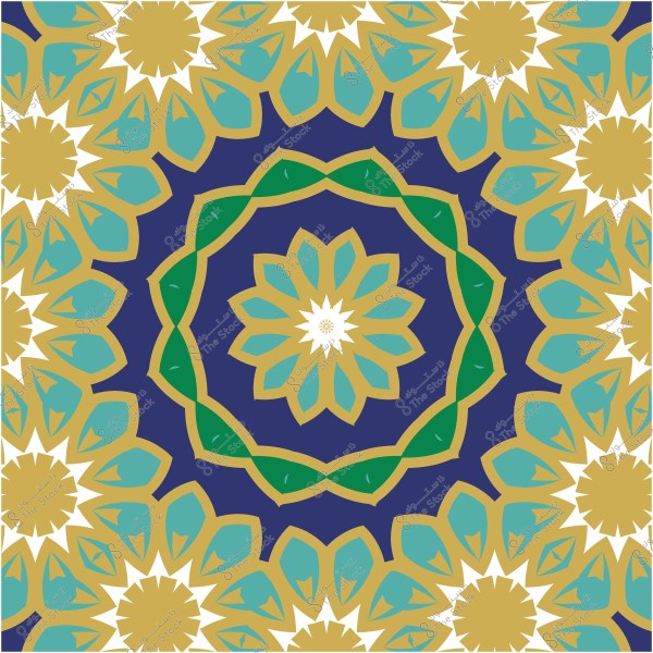 تصميم زخرفي هندسي بألوان الأزرق والأخضر والذهبي