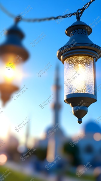 A lit metal lantern hanging in the air, with a blurred background featuring a mosque with a blue dome and minaret under a clear blue sky.